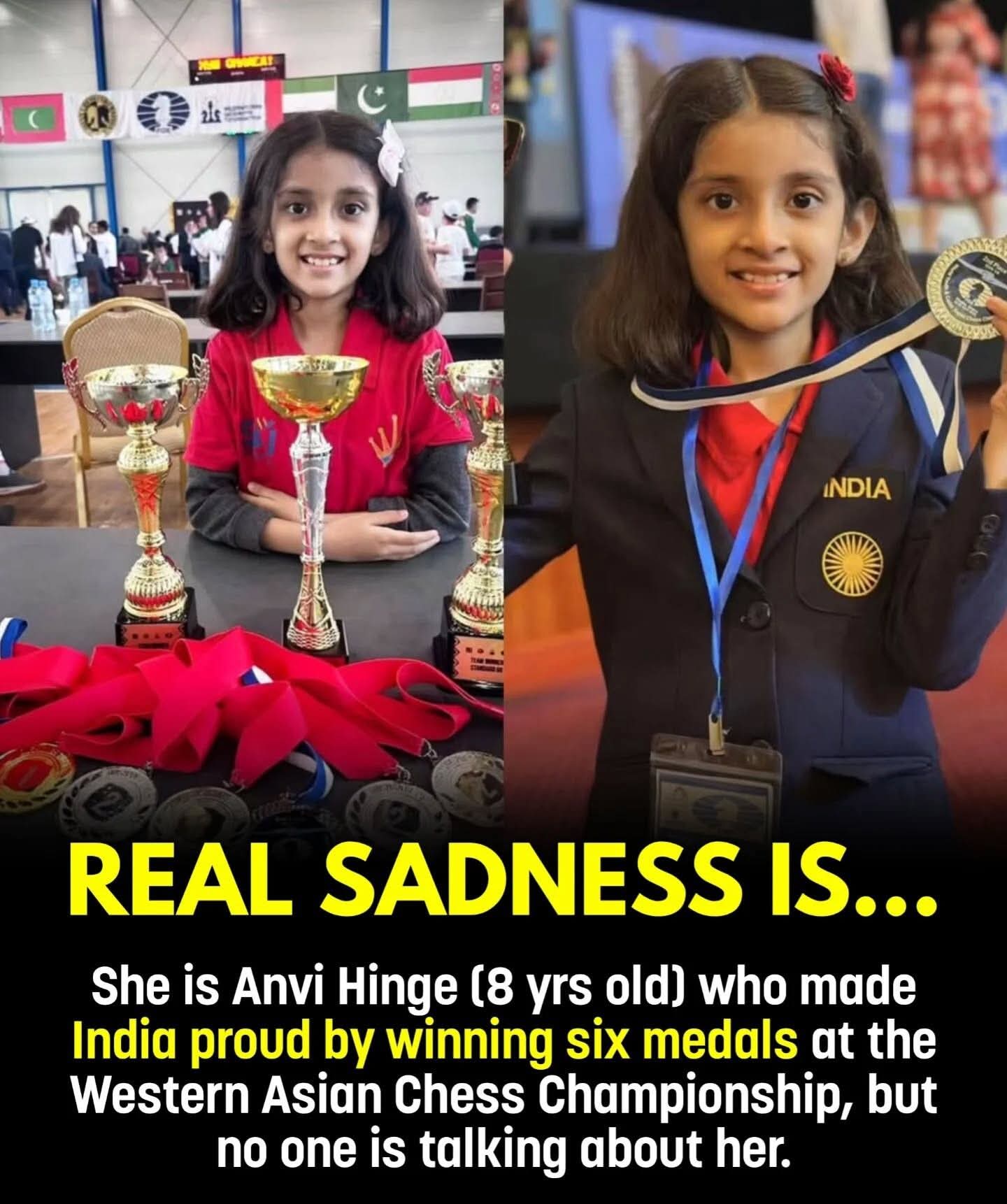 ♟️🇮🇳 Meet Anvi Hinge — India’s Young Chess Prodigy! 🌟 At just 8 years old, this brilliant young mind has made the nation beam with pride by winning six medals 🏅🏆 at the Western Asian Chess Championship! Her focus, patience, and determination on the board show wisdom far beyond her years. 👏💫  Anvi represents the future of Indian chess — a shining example of how talent, when nurtured with dedication, can conquer the world! 🌍🔥 Her incredible success reminds us that heroes come in all ages and that every child’s dream deserves recognition and encouragement. ❤️  Let’s celebrate this young champion and cheer her on as she continues to make India proud on the global stage. 🌸♟️✨  #AnviHinge #YoungChampion #ChessProdigy #ProudMoment #IndiaRising #FutureOfIndia #WesternAsianChess #InspiringKids #GirlPower #MindOverMatter #TalentAndDedication #YouthIcons #fblifestyle