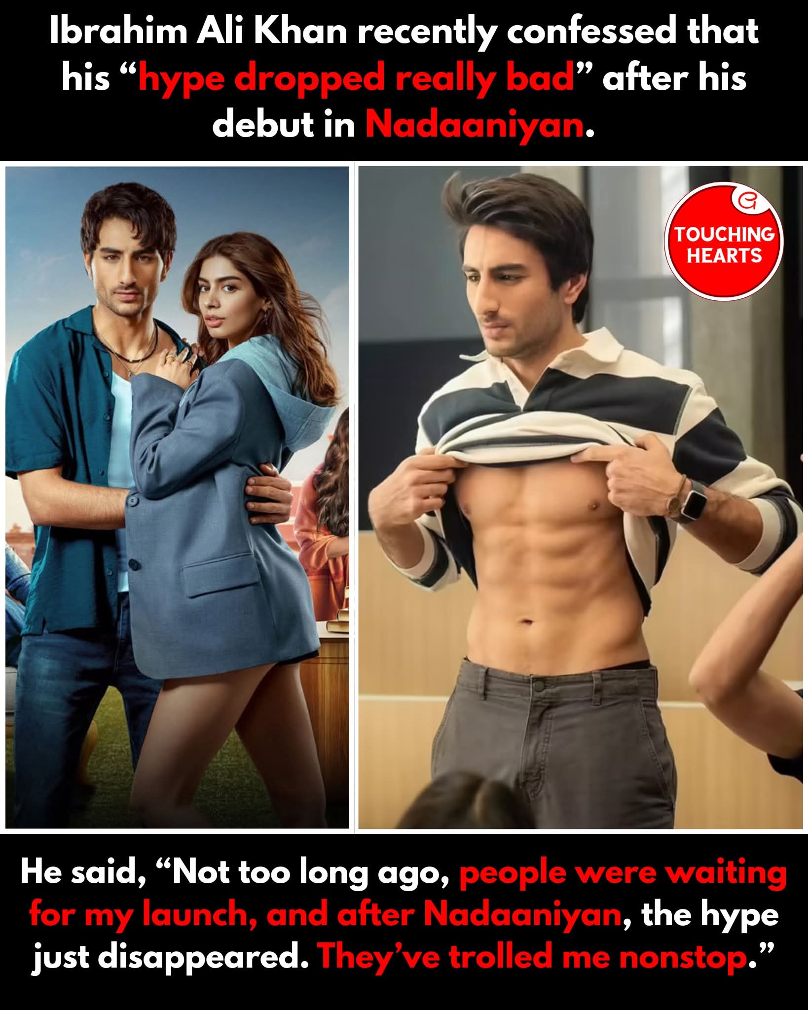 Ibrahim Ali Khan, son of Saif Ali Khan, recently spoke honestly about how his debut film Nadaaniyan didn’t go as planned. In a candid interview, he admitted that the hype around his launch “dropped really bad” after the release. He shared, “Not too long ago, everyone was waiting for my debut, and after Nadaaniyan, they trolled me nonstop.” Ibrahim even called the film “really bad” and said he learned a lot from the experience. Instead of hiding from criticism, he’s choosing to grow from it, showing maturity and self-awareness that many young actors lack. Fans praised his honesty, saying it takes courage to admit mistakes publicly. Every star’s journey has ups and downs, and Ibrahim’s honesty might just win him more respect than any hit film could. #IbrahimAliKhan #Nadaaniyan #Bollywood #HonestyMatters #SaifAliKhan #BollywoodNews #Inspiration #RVCJ