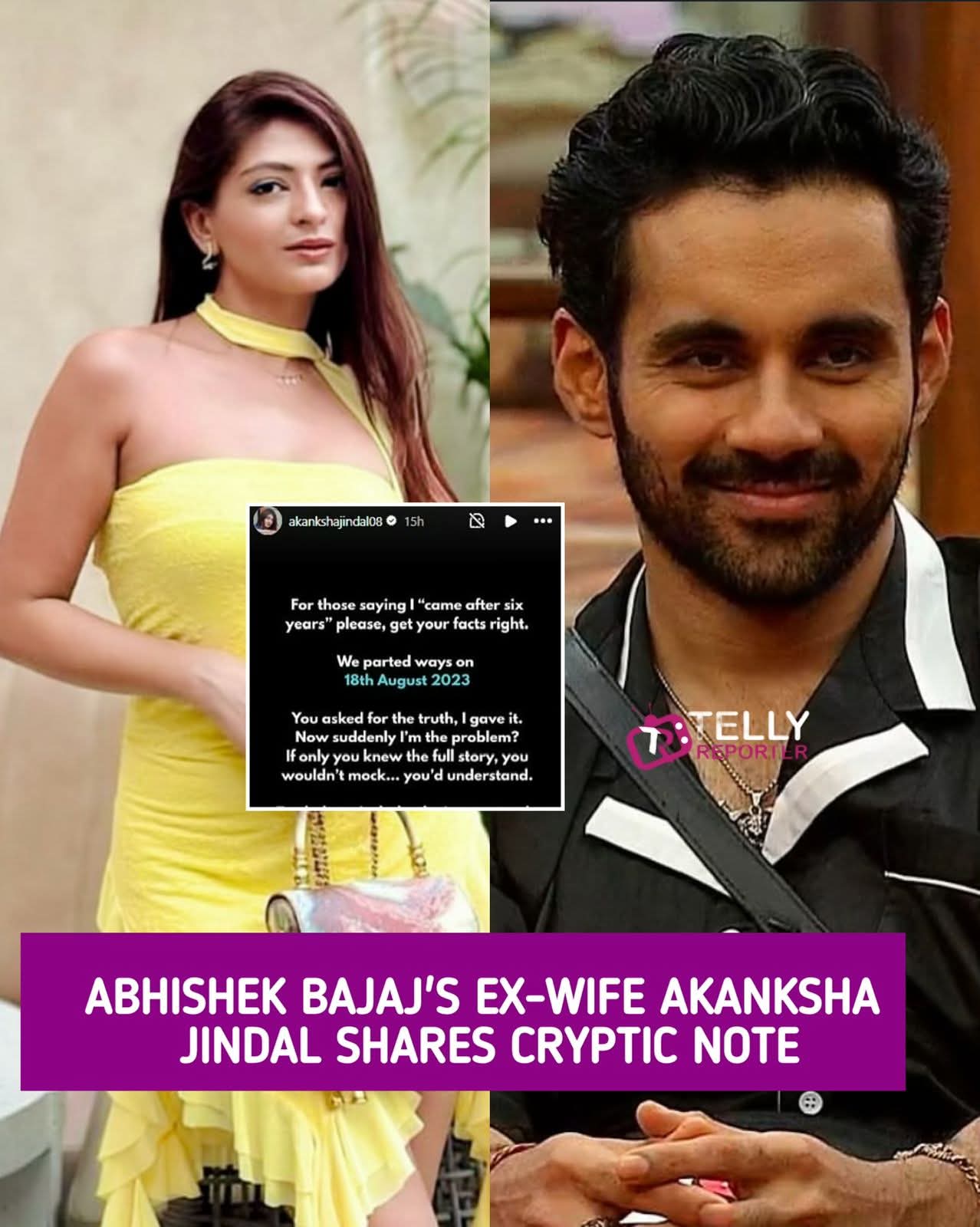 Abhishek Bajaj's Ex-wife Akanksha Jindal Shares Cryptic Note Amid Bigg Boss 19 Wildcard Entry Rumours #bb19 #biggboss19 #abhishekbajaj #ashnoorkaur #akankshajindal #salmankhan #tellyreporter #fblifestyle Abhishek Bajaj, Who Is Currently Seen On Bigg Boss 19, Has Been Making Headlines For His Personal Life After His Ex-wife, Akanksha Jindal, Recently Made Shocking Revelations About Him, Alleging That He Was Disloyal During Their Marriage. In The Recent Weekend Ka Vaar Episode, Host Salman Khan Even Hinted At Akanksha's Possible Entry As A Wildcard Contestant And Indirectly Told Abhishek, In Front Of All The Housemates, That His Ex-wife Might Be Speaking About Him Outside The House. Taking To Her Instagram Story On Sunday Evening, October 26, Akanksha Wrote, "For Those Saying I ‘came After Six Years’ Please’, Get Your Facts Right. We Parted Ways On August 18, 2023. You Asked For The Truth, I Gave It. Now Suddenly I’m The Problem? If Only You Knew The Full Story, You Wouldn’t Mock… You’d Understand. Truth Doesn’t Shake The Innocent Only The Guilty Feel Threatened."