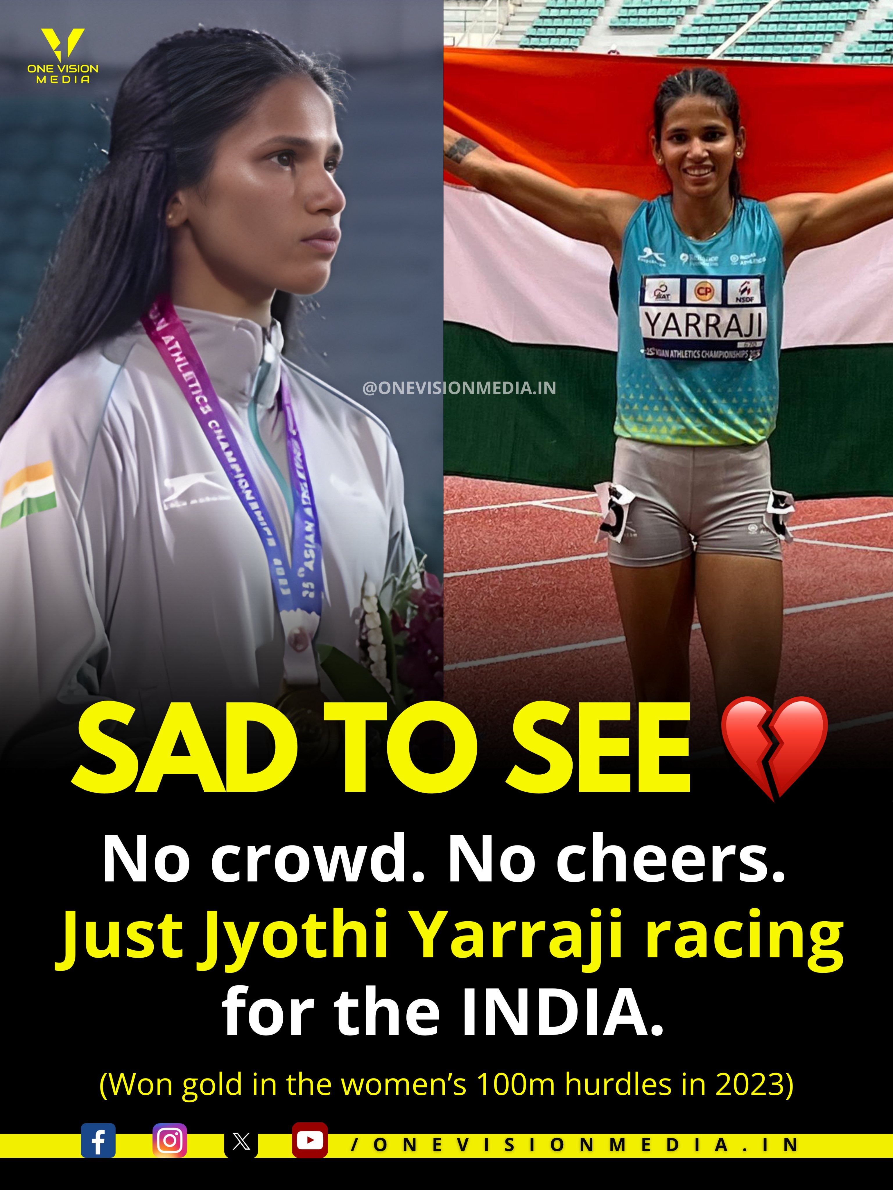 No crowd. No cheers. Just Jyothi Yarraji racing for India—reminding us of the silent sacrifices behind sporting glory.