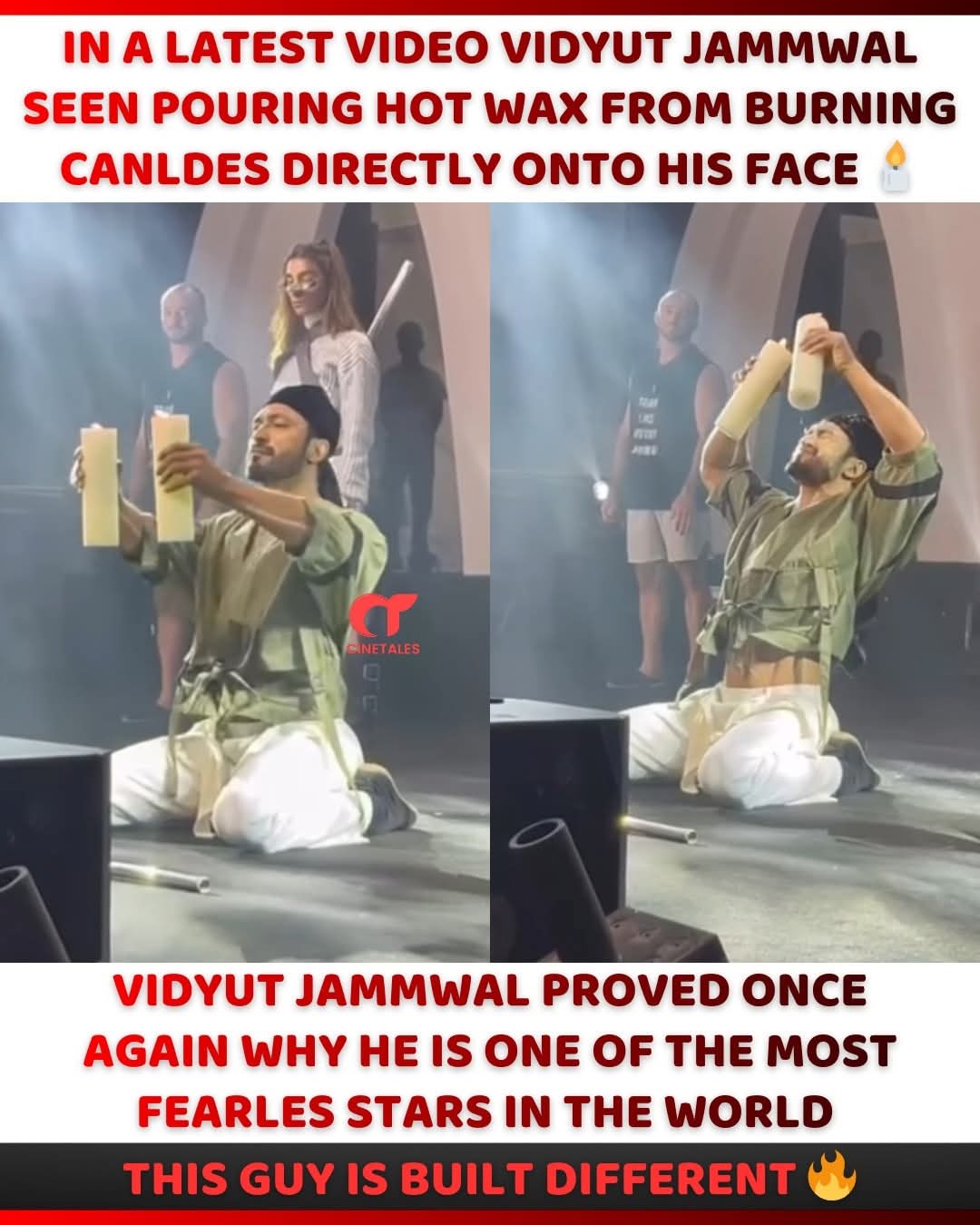 🔥 BUILT DIFFERENT. FEARLESS BY CHOICE. 🔥 #VidyutJammwal takes pain, discipline, and focus to another level — pouring hot wax from burning candles directly onto his face 🕯️😮 No stunt doubles. No fear. Just raw control and warrior mindset. ⚔️ This is why he stands among the most fearless stars in the world 🌍🔥 #CineTales