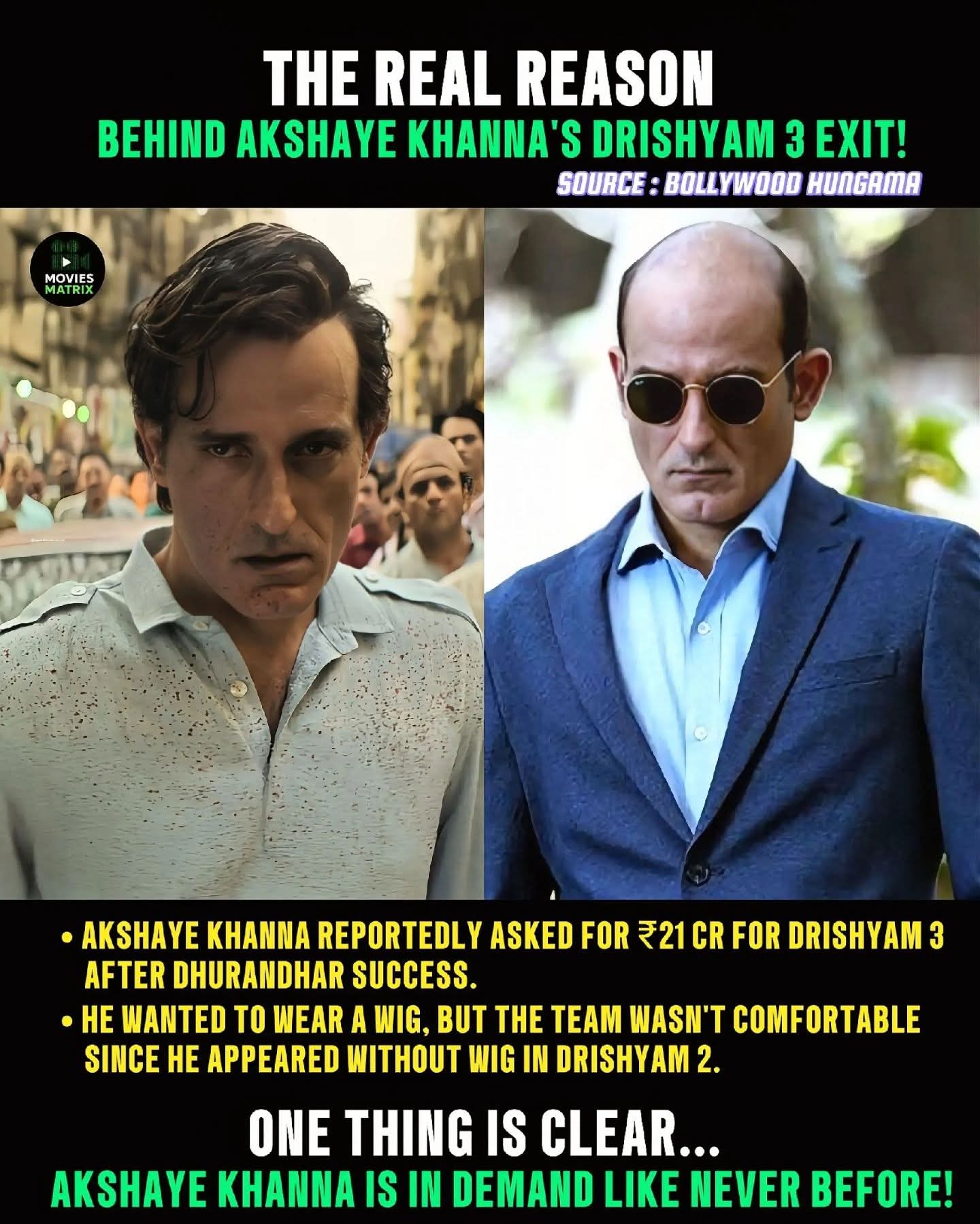 THE REAL REASON BEHIND AKSHAYE KHANNA'S DRISHYAM 3 EXIT! After stealing the spotlight in Dhurandhar and delivering a menacing villain arc in Chhaava, reports suggest that Akshaye Khanna has revised his fee — and now wants ₹21 crore for Drishyam 3. Sources claim the makers were shocked, fearing the budget may shoot up. Akshaye, however, believes his rising popularity and hype justify the price. Another buzz says he even suggested wearing a wig for the role, which the makers reportedly weren’t comfortable with — since he didn’t use one in part two. One thing is clear — 🔥 Akshaye Khanna is in demand like never before! Do you think he deserves ₹21 Cr after Dhurandhar-level performance? Comment below 👇 #AkshayeKhanna #Drishyam3 #BollywoodNews #MoviesMatrix #Dhurandhar #Chhaava #AjayDevgn #BollywoodBuzz #FilmUpdates #TrendingNow