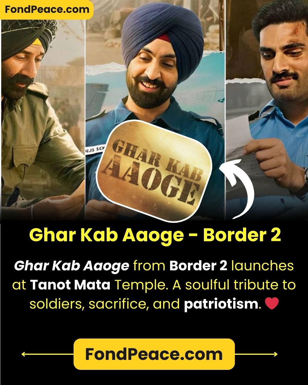 Border 2 Song Launched at Tanot Mata Temple. The soulful song “Ghar Kab Aaoge” from Border 2 was launched today at the sacred Tanot Mata Temple, near the India–Pakistan border.  Launching the song at this historic temple adds powerful meaning — symbolizing patriotism, sacrifice, faith, and the emotions of soldiers who protect our nation every day.  This is not just a film song, but a heartfelt tribute to the courage and devotion of India’s armed forces.  Respect. Gratitude. Goosebumps. 🇮🇳  #Border2 #GharKabAaoge #IndianArmy #Patriotism #TanotMata #Bollywood #NationFirst