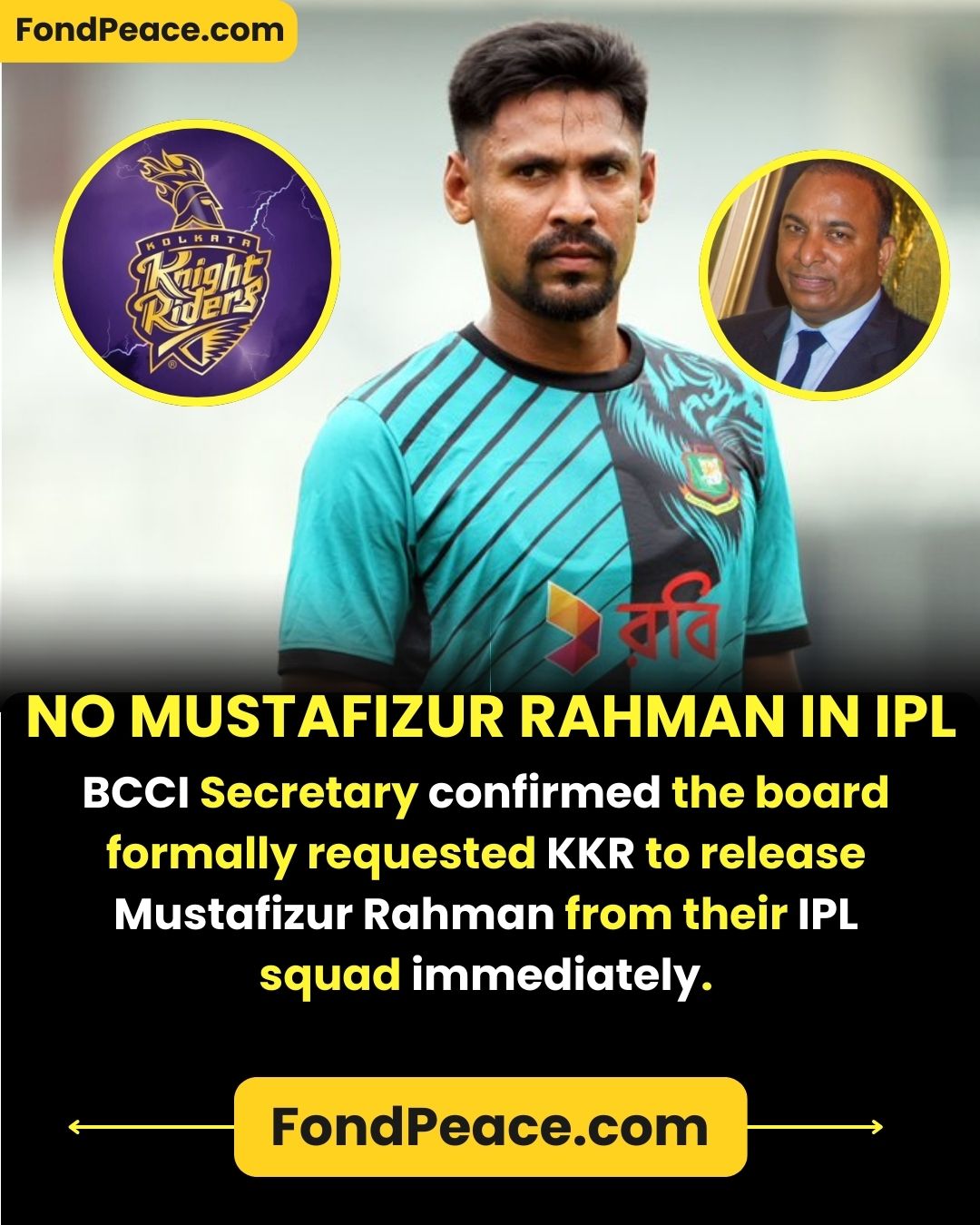 Big IPL development 🚨 BCCI has officially asked KKR to release Mustafizur Rahman from the IPL squad, as confirmed by the board secretary. This decision could impact team balance and upcoming match strategies significantly.  Hashtags: #IPLNews #BCCI #MustafizurRahman #KKR #CricketUpdate #BreakingNews #IndianCricket #IPL2026 #SportsBuzz #CricketWorld