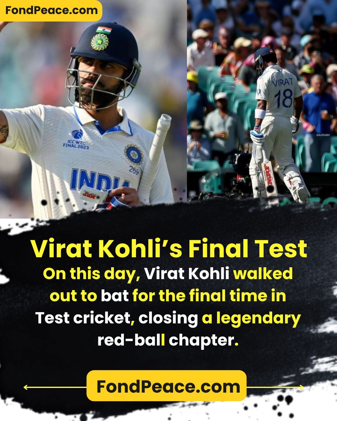 Virat Kohli’s Final Test  On this day, Virat Kohli walked out to bat for the final time in Test cricket, closing a legendary red-ball chapter.  Hashtags: #ViratKohli #KingKohli #TestCricket #IndianCricket #CricketLegend #GOAT #CricketHistory #RVCJ #SportsIcon #ForeverKing