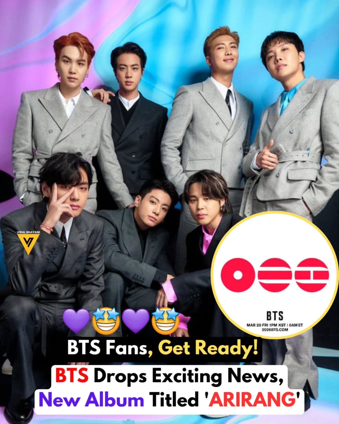 BTS has officially unveiled the title of their fifth studio album, 'Arirang', set to release on March 20 at 12:00 am on the global platform Weverse💜✨. The album features 14 tracks and is inspired by Arirang, the iconic Korean folk song that holds deep cultural significance.🇰🇷 According to The Chosun, the title reflects BTS’s roots and identity, capturing themes of longing and love that are central to their music. Fans can expect the new album to explore universal emotions in a way that resonates globally, marking another milestone in BTS’s journey of connecting hearts across the world. Arirang promises to be a heartfelt blend of BTS’s signature sound and Korean tradition, making it a highly anticipated release for fans everywhere.💜🤩