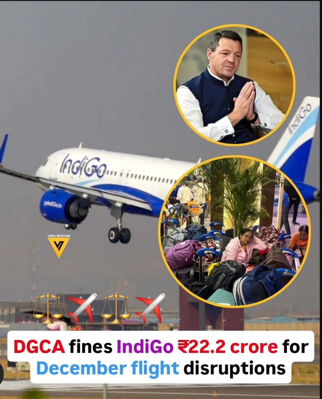 The DGCA, an airline regulator, fined IndiGo ₹22.20 crore on Saturday and cautioned its CEO, Pieter Elbers, and two other top executives for last month's flight disruptions, which the watchdog attributed to poor management structure and insufficient regulatory preparation.  In addition, the airline was required by the regulator to provide a ₹50-crore bank guarantee to assure both long-term systemic adjustment and compliance with its orders.  Due to the airline's lack of preparation for the new flight duty regulations for pilots, IndiGo had to cancel hundreds of flights throughout the nation in early December.⚖️✈️💰