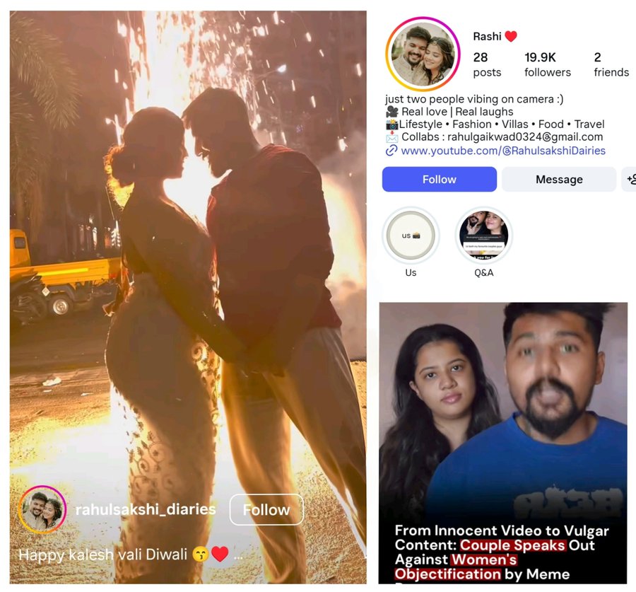 यह हैं कपल राहुल और साक्षी, दोनों ही कंटेंट क्रिएटर्स हैं।  दिवाली की उनकी एक रील वायरल हुई। लेकिन कुछ मीम पेज ने उस रील को अश्लील और वल्गर चीजें लिख कर चलाया और साक्षी के शरीर को एक sex object ....See more