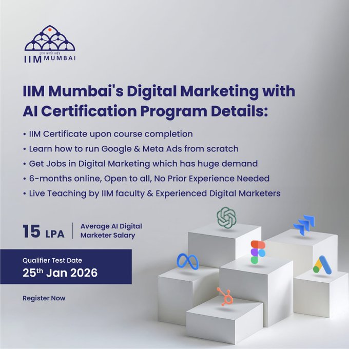🚨 IIM Mumbai announces Online Digital Marketing Program for Indian Citizens

- Learn Google & Instagram Ads
- Influencer & social marketing

Entry via a easy 1-hour test (Fee: ₹99)

Digital Marketing continues to be in high demand