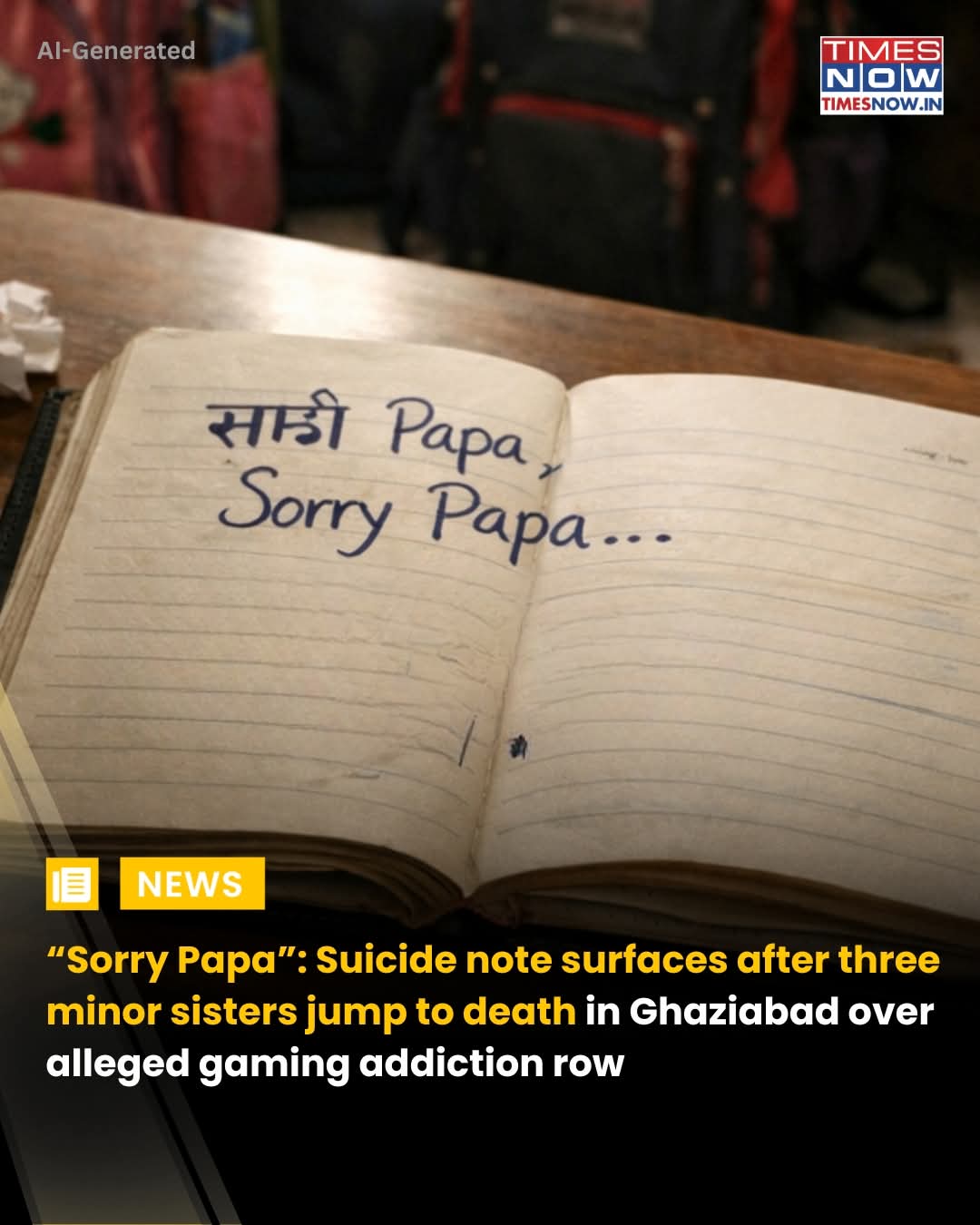 A heartbreaking note apologising to their parents has emerged after three minor sisters died by suicide in Ghaziabad, allegedly following a dispute over online gaming, leaving behind unanswered questions and a grieving family struggling to come to terms with the tragedy.

[Ghaziabad, Heartbreaking]

#NewsWithTN #TimesNow #fondpeace