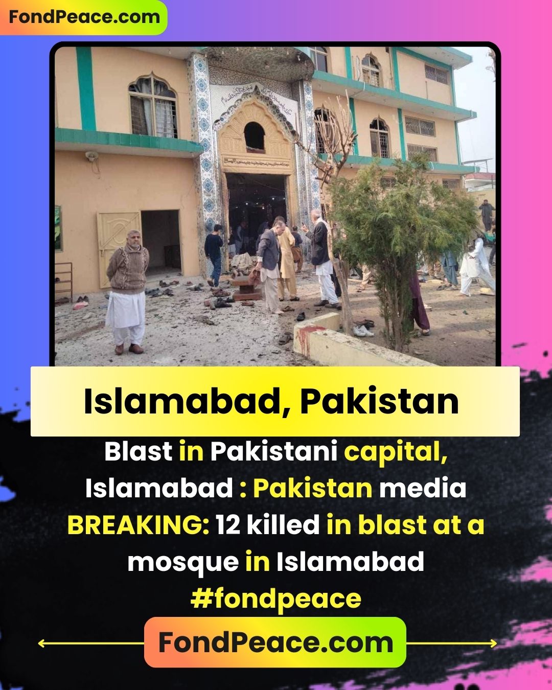 🚨 HUGE! A SUICIDE BLAST has been reported at Qasr-e-Khadijatul Qubra Mosque in Islamabad.

Several people are reportedly DEAD and many others critically INJURED. 

— REMINDER: What you create will come for you eventually 🎯