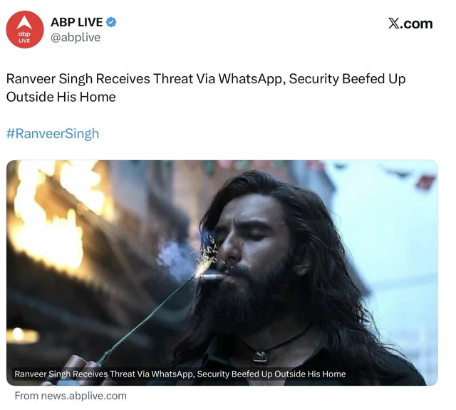 Ranveer Singh Received Threat via WhatsApp, Security Stepped Up Outside His Home
Mumbai Police confirm that actor Ranveer Singh received a threat via WhatsApp, prompting increased security measures around his residence…

Credit: Mumbai Police

💡 Authorities are investigating the matter to ensure the actor’s safety.

#RanveerSingh #MumbaiPolice #CelebrityNews #SafetyFirst #BreakingNews #fondpeace #ViralNews #TechCommunity #SecurityAlert #BollywoodUpdates