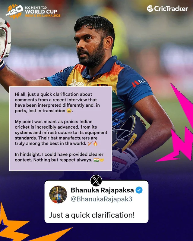 Sri Lanka’s Bhanuka Rajapaksa issues a clarification on his statement regarding Indian cricketers using highly advanced bats !