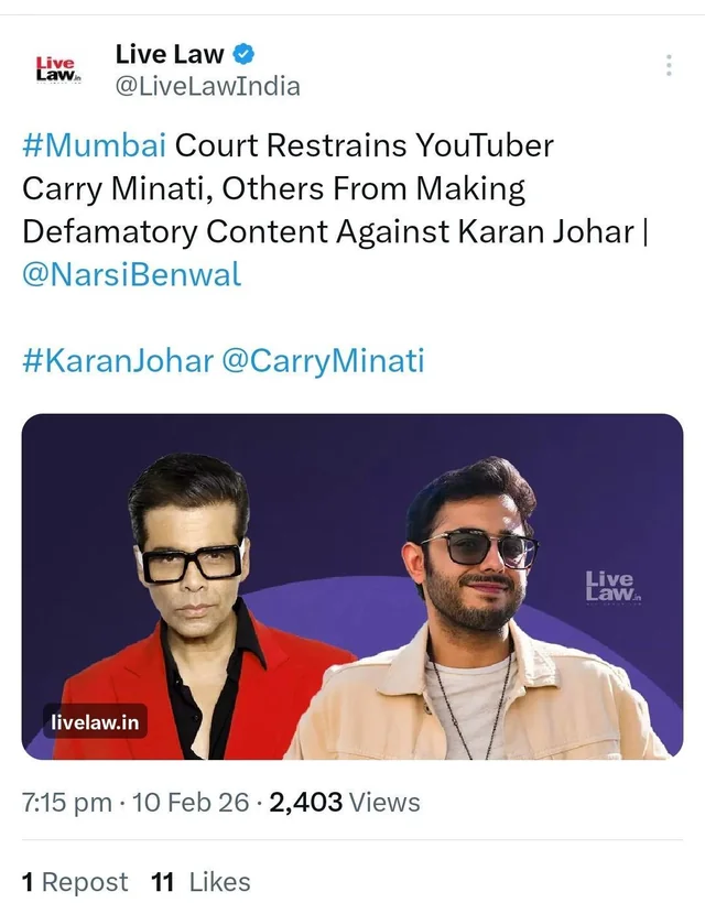 Reason why carry's latest video was taken down
It's a loss loss situation for carry , video was below average and cringe. Karan filed a defamation suit against him , his manager and John does

Is this not setting a very wrong precedence?