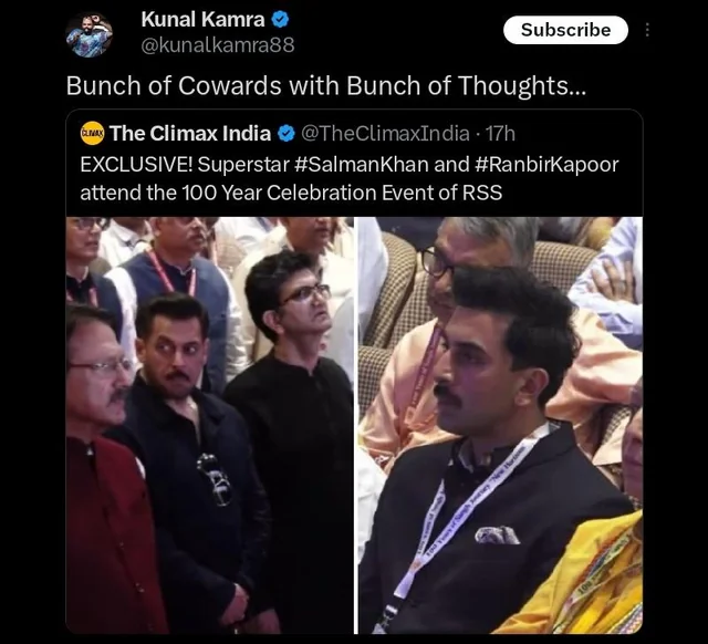 Kunal Kamra takes a dig at Salman Khan and Ranbir Kapoor for attending RSS event.