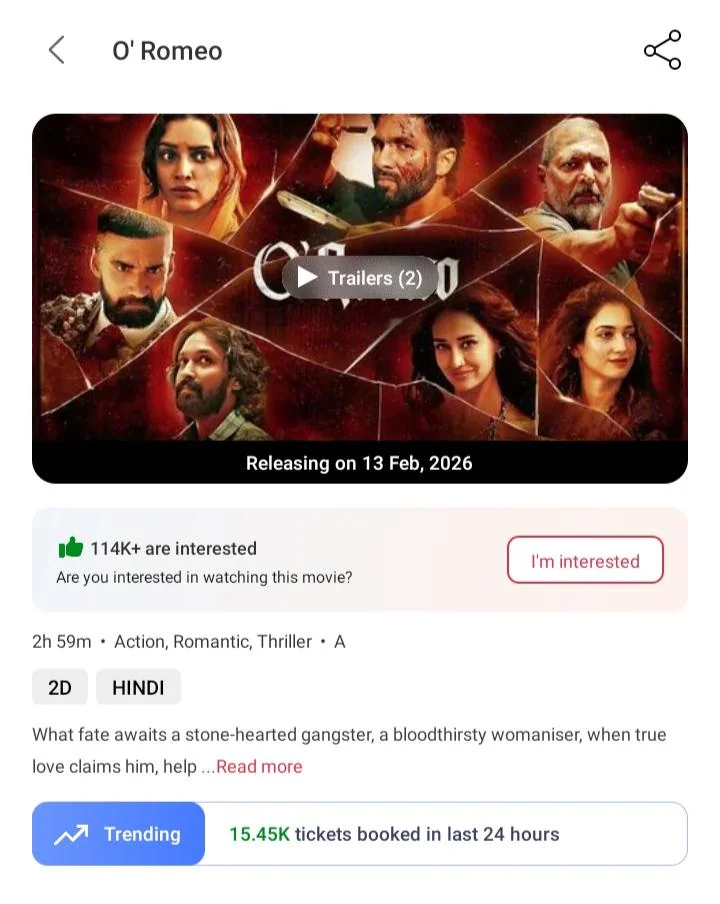 O'Romeo ticket sales are not trending hourly even after just a day before release