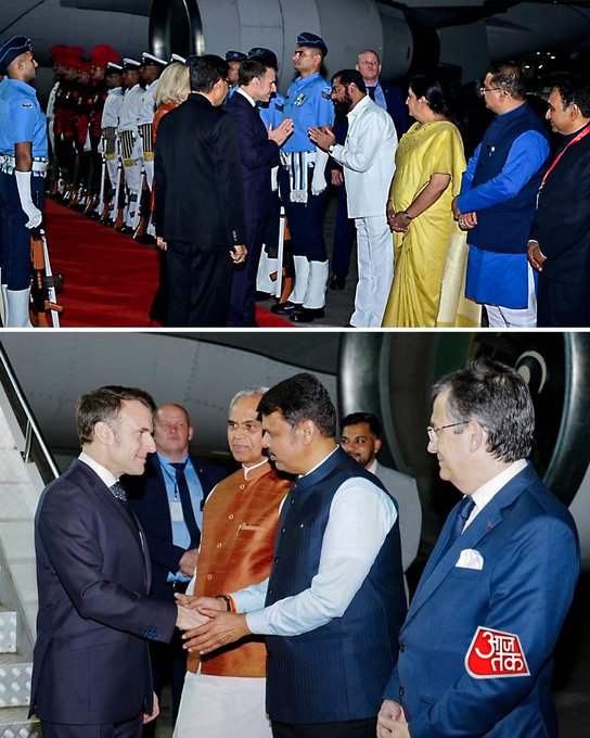 Emmanuel Macron, Brigitte Macron Receive Grand Welcome in Mumbai by Maharashtra Leaders | Photo Credit: AT Photoblog | #IndiaFrance #EmmanuelMacron #BrigitteMacron #MumbaiAirport #DevendraFadnavis #EknathShinde #AajTakSocial #ATPhotoblog