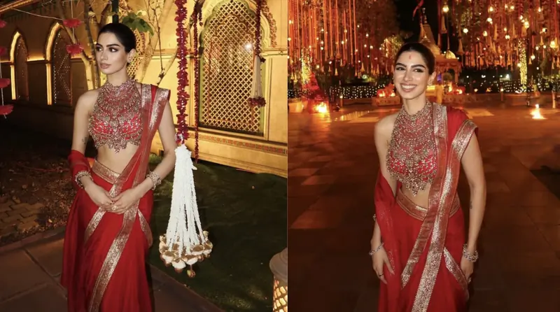 Khushi Kapoor’s gold-drenched blouse elevates classic red saree game