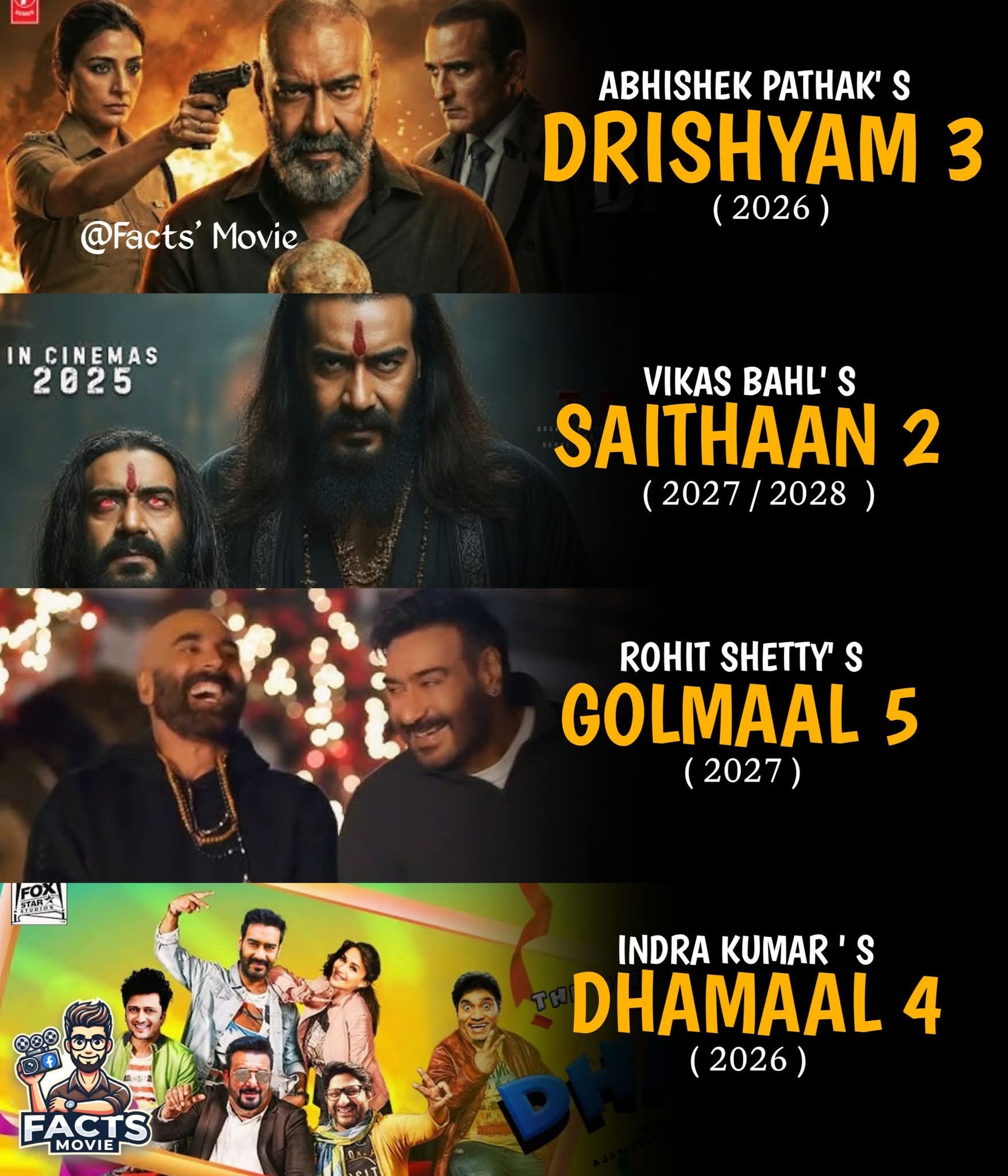🚨 Ajay Devgn’s Power-Packed Upcoming Film Lineup 😱🔥

Ajay Devgn is all set to rule the big screen with an exciting mix of thrillers and comedy franchises in the coming years.

The much-awaited Drishyam 3 will continue the gripping story of Vijay Salgaonkar, raising the stakes with more suspense, twists, and mind games. After the success of its predecessor, Shaitaan 2 is expected to explore darker themes and intensify the supernatural narrative.

On the comedy front, fans can rejoice as Golmaal 5 brings back the iconic combo of Ajay Devgn and Rohit Shetty for another dose of laughter and madness. Adding to the fun, Dhamaal 4 promises chaotic entertainment with its signature humor and ensemble cast.

With such a diverse lineup—ranging from intense thrillers to massy comedies—Ajay Devgn is gearing up to dominate the box office with unmatched versatility and star power.

#AjayDevgn #Drishyam3 #Shaitaan2 #Golmaal5 #Dhamaal4 #BollywoodMovies #UpcomingMovies #IndianCinema #BoxOffice #MovieUpdate #FilmNews #BollywoodBuzz #ComedyMovies #ThrillerMovies #FranchiseFilms #RohitShetty #MovieLovers #CinemaNews #Blockbuster #TrendingNow 🎬🔥
