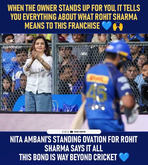 Nita Ambani Applauds Rohit Sharma at Wankhede During IPL 2026 Clash

A special moment unfolded at Wankhede Stadium as Nita Ambani was seen standing in appreciation of Rohit Sharma during the IPL 2026 match. The gesture quickly caught fans’ attention, highlighting the admiration for Rohit’s performance on the field.

The moment added to the electrifying atmosphere at Wankhede, with supporters celebrating both the on-field action and the emotional connection between the team and its leadership.

#RohitSharma #NitaAmbani #IPL2026 #Wankhede #MumbaiIndians #CricketMoments