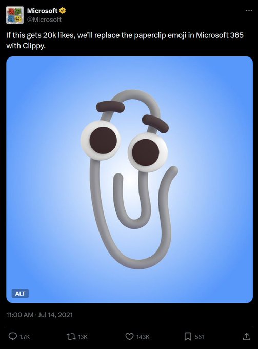 Clippy Comeback? Old Microsoft Post Goes Viral Again

An old post by Microsoft about bringing back Clippy has resurfaced online, sparking fresh buzz.

In the post, Microsoft joked that if it reached 20K likes, they would replace the paperclip emoji in Microsoft 365 with Clippy. The tweet quickly crossed that mark—and far beyond—showing how nostalgic fans still are for the iconic assistant.

Clippy, once a default helper in Microsoft Office, became both loved and mocked over the years. Even today, it remains one of the most recognizable symbols of early software-era personality.

The resurfaced post highlights how internet nostalgia continues to bring back classic tech icons into trending conversations.

#Clippy #Microsoft #TechNostalgia #InternetCulture #ViralPost