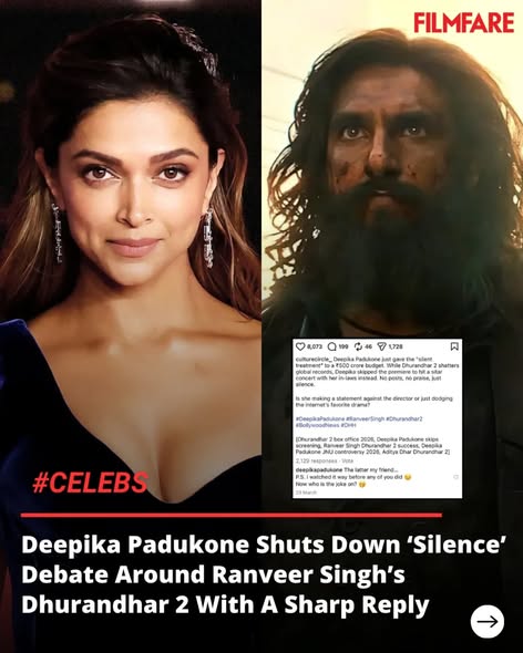 Deepika Padukone Breaks Silence on Ranveer Singh’s ‘Dhurandhar The Revenge’ with Witty Reply 😄

Deepika Padukone has finally reacted to the chatter around her silence on husband Ranveer Singh’s blockbuster Dhurandhar The Revenge.

Shutting down gossip in style, Deepika gave a witty reply to a social media post, saying she had watched the film “way before any of them did.”

Her playful response quickly grabbed attention, with fans loving her cool and confident way of addressing the buzz.

The moment has now gone viral, adding to the ongoing hype around Dhurandhar The Revenge and the power couple’s popularity.

#DeepikaPadukone #RanveerSingh #Dhurandhar #Bollywood #TrendingNow #EntertainmentNews #aajtak